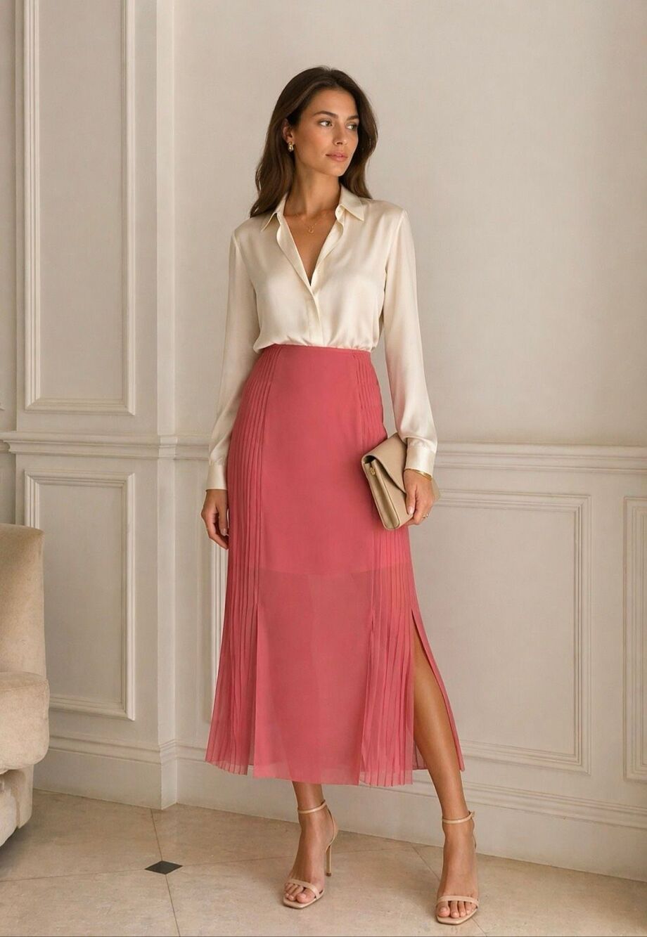 Reiss Dusty Mauve Pleated Midi Skirt Sheer Overlay Slit Size 8